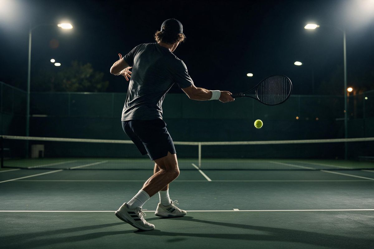 Tennis player hitting a backhand under floodlights at night