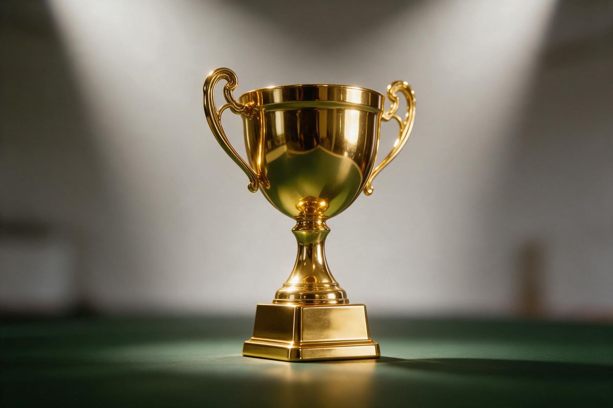 Golden championship trophy under a spotlight