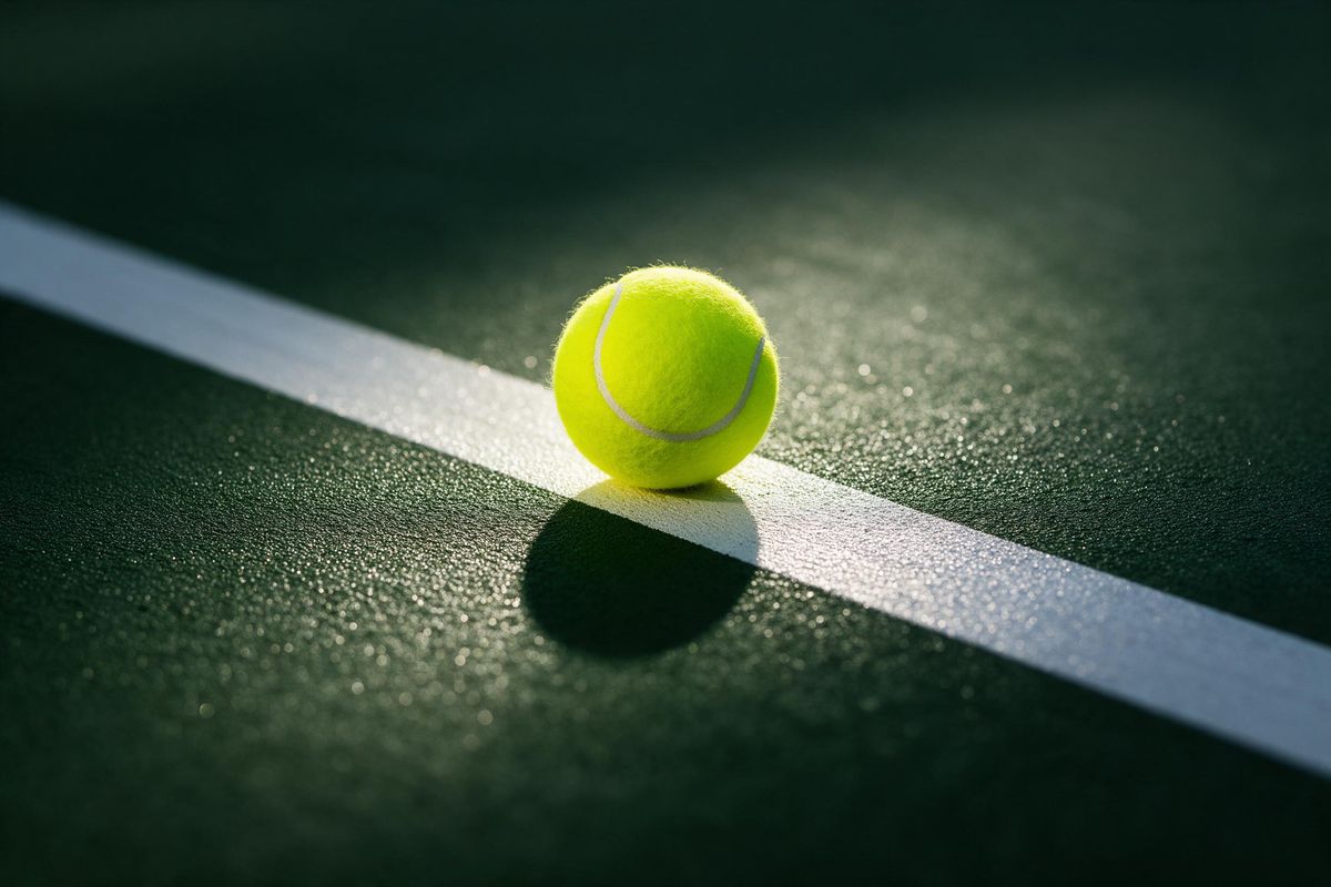 Tennis ball resting on a white court line in dramatic light